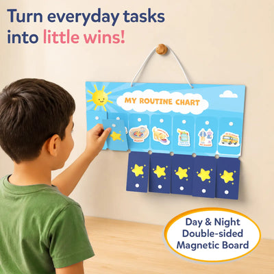 A child places a magnetic task tile onto the Skillmatics My Routine Chart mounted on a wall. The double-sided day and night magnetic board features routine activities, while extra magnetic task pieces are spread across the table to help children build consistent daily habits.