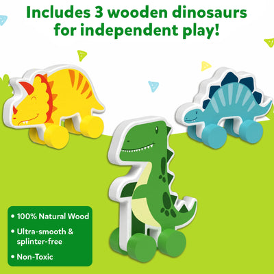 Colorful wooden dinosaur toys with wheels for ages 9 months to 3 years