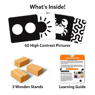 High contrast flashcards with wooden stands and learning guide for infants 0-12 months