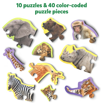 Set of 10 animal-themed puzzles with four color-coded pieces for ages 3+