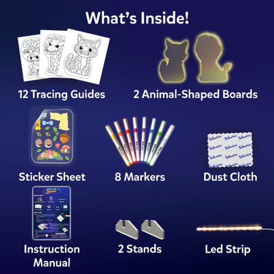 What's Inside the Skillmatics Light-Up Sketcher set: 12 animal tracing guides, two glowing animal-shaped boards, a reusable sticker sheet, eight markers, dust cloth, instruction manual, two stands and one LED strip, each arranged separately on a dark blue background.