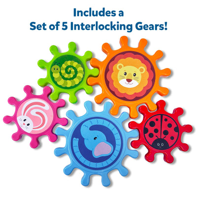 A set of five Skillmatics Spinny Gears featuring animal designs: orange lion, blue elephant, green caterpillar, pink bunny, and red ladybug. The text reads “Includes a set of 5 interlocking gears.” These brightly coloured gears encourage fine motor skills, hand coordination, and early STEM-based learning through spin and connect play.