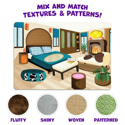 Skillmatics Fab Tabs comparison showing a room illustration before and after decorating with textured fabric pieces. Blank spaces on furniture and décor are transformed with colorful patterns and tactile materials, demonstrating how children can mix and match fabrics to customize a room scene.