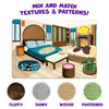 Skillmatics Fab Tabs comparison showing a room illustration before and after decorating with textured fabric pieces. Blank spaces on furniture and décor are transformed with colorful patterns and tactile materials, demonstrating how children can mix and match fabrics to customize a room scene.