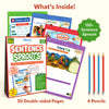Skillmatics Sentence Sprouts kit contents displayed. Activity pages feature themed scenes: Doctor's Clinic, At the Library, At the Carnival, and Camping Trip, each with word banks. Product box shown in foreground alongside four red and blue pencils. Contains 50 double-sided pages.
