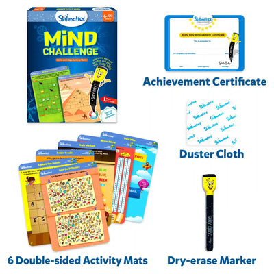 Skillmatics Mind Challenge game set with reusable activity mats, marker, duster, and certificate