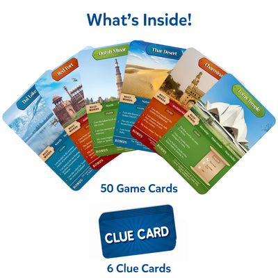 Game cards and clue cards featuring Indian landmarks for Guess in 10 Wonders of India game