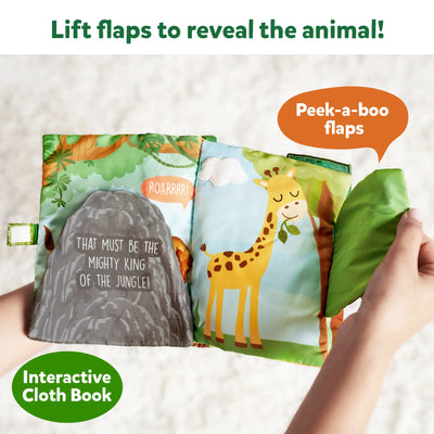 Interactive jungle-themed cloth book with peek-a-boo flaps for babies 6 months+