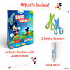 A layout titled “What’s Inside!” showing the contents of the Skillmatics Snip Snip kit. On the left is the activity booklet with Mickey Mouse on the cover, labeled as containing 25 activities. On the right are two child-safe scissors in green and blue and a white Skillmatics glue stick. Small Disney character illustrations and dotted cut paths decorate the clean white background.