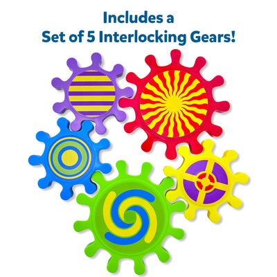 Set of five Skillmatics Spinny Gears Pattern Pop pieces shown on a white background. Each interlocking gear features a unique optical pattern in bright colours including green, red, yellow, blue, and purple. The text above reads “Includes a set of 5 interlocking gears!” Designed as a tactile and educational STEM toy that encourages sensory exploration and motor coordination in toddlers.