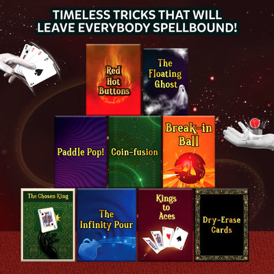 The Skillmatics Classic Magic Kit featuring the names of 8 exciting tricks including ‘Red Hot Buttons,’ ‘The Floating Ghost,’ ‘Paddle Pop!’ and ‘The Chosen King’ displayed in colourful card covers. The image has a mystical atmosphere with sparkles and glowing lights, capturing a sense of magic. A magical wand is in the background, with a hand performing an illusion, evoking curiosity and excitement for young aspiring magicians.