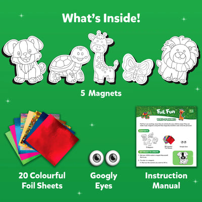 A bright green background displays five outlined magnet shapes: a dog, turtle, giraffe, butterfly, and lion. Below them are 20 colorful foil sheets fanned out in shades of red, gold, blue, green, pink, and patterned foil. Beside the sheets are two googly eyes and a printed instruction manual showing activity steps. The header reads “What’s Inside!” with clear labels for each included item.
