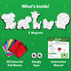 A bright green background displays five outlined magnet shapes: a dog, turtle, giraffe, butterfly, and lion. Below them are 20 colorful foil sheets fanned out in shades of red, gold, blue, green, pink, and patterned foil. Beside the sheets are two googly eyes and a printed instruction manual showing activity steps. The header reads “What’s Inside!” with clear labels for each included item.