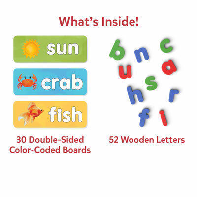 Children’s educational toy set with word-spelling boards and wooden letters for ages 4-7