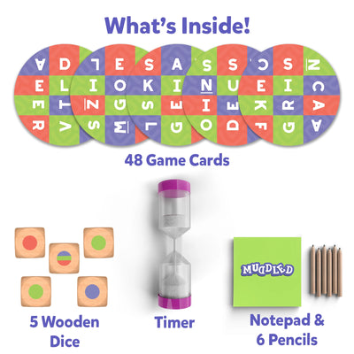 Muddled fast-paced word building game set with 48 cards, wooden dice, timer, notepad, and pencils
