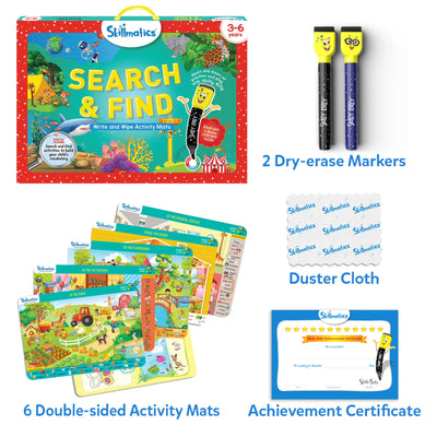 Search and Find reusable activity mats for children ages 3-6 with markers and certificate