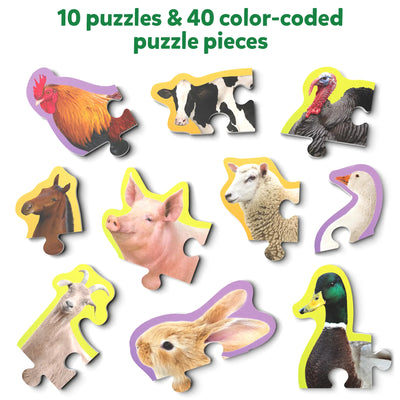 Farm animal puzzles with 40 color-coded pieces from Step By Step Puzzle Farm Animals for ages 3+