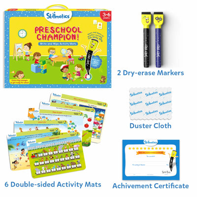 Skillmatics Preschool Champion Write and Wipe Activity Mats kit for ages 3-6