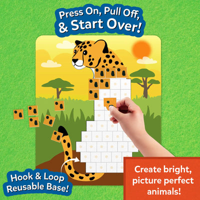 Illustration of a leopard picture board partially filled with yellow felt squares with black spots. A child’s hand places another square onto the grid to complete the animal image. The background shows trees and a sunset. Text reads “Press On, Pull Off, & Start Over!” and “Create bright, picture perfect animals!”