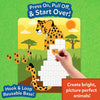 Illustration of a leopard picture board partially filled with yellow felt squares with black spots. A child’s hand places another square onto the grid to complete the animal image. The background shows trees and a sunset. Text reads “Press On, Pull Off, & Start Over!” and “Create bright, picture perfect animals!”