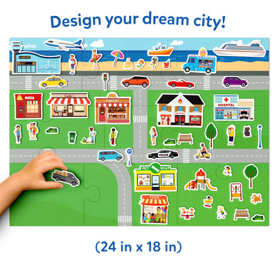 Colorful Magnetopia playmat with roads, buildings, vehicles, and magnetic accessories for kids