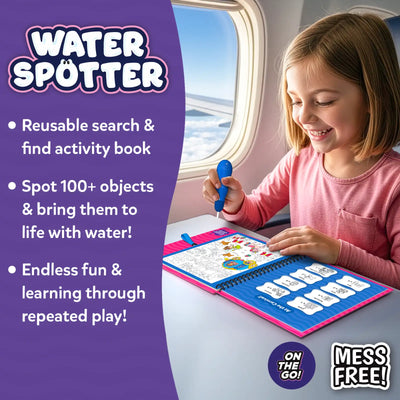 A young child seated by an airplane window happily using the Skillmatics Water Spotter activity book on a tray table, holding a blue refillable water pen to reveal colorful hidden objects. The open book shows search and find pages with illustrations. Text highlights reusable play, spotting 100+ objects, mess-free fun, and portability for travel and on-the-go learning.