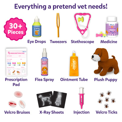 Flat lay of the Skillmatics Vet Set showing over 30 pretend play pieces, including eye drops, tweezers, stethoscope, medicine bottle, prescription pad, flea spray, ointment tube, plush puppy, bruise stickers, X-ray sheets, injection syringe, and removable felt ticks.