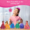 Young girl with tiara and glittery star wand among princess-themed craft dolls