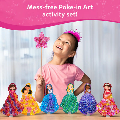 Young girl with tiara and glittery star wand among princess-themed craft dolls
