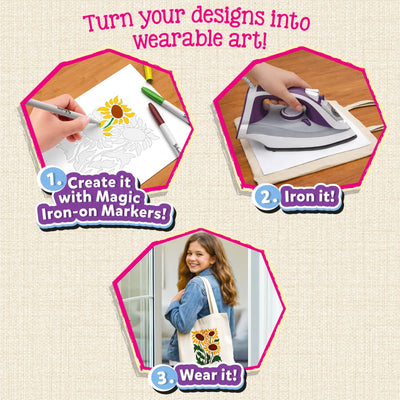 Three-step craft process for Skillmatics Iron-Its. Step 1: hand coloring a sunflower stencil with magic iron-on markers. Step 2: purple iron pressed onto paper on wooden surface. Step 3: smiling teen displays canvas tote bag with sunflower design. Text reads: Turn your designs into wearable art.