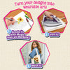 Three-step craft process for Skillmatics Iron-Its. Step 1: hand coloring a sunflower stencil with magic iron-on markers. Step 2: purple iron pressed onto paper on wooden surface. Step 3: smiling teen displays canvas tote bag with sunflower design. Text reads: Turn your designs into wearable art.