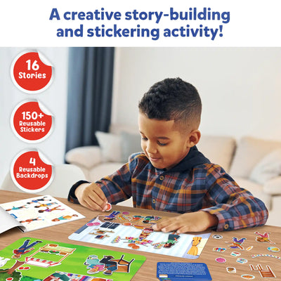 Child engaging in story-building and stickering activity with Sticker Stories Adventures Around Town kit