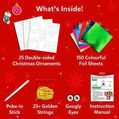 Skillmatics Foil Fun Christmas Ornaments kit contents displayed on a red festive background, showing double-sided ornament templates, colourful foil sheets, poke-in stick, golden strings, googly eyes and instruction manual. Decorative Christmas ornaments and snowflake elements surround the product components.
