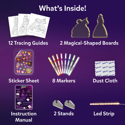 What's Inside panel for the Skillmatics Light-Up Sketcher showing 12 tracing guides, two magical-shaped boards, a reusable sticker sheet, eight markers, a dust cloth, instruction manual, two stands and an LED strip, arranged on a purple background with labels for each item.
