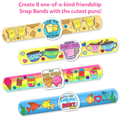 Colorful slap bracelets with playful food and drink-themed puns for kids ages 4-10