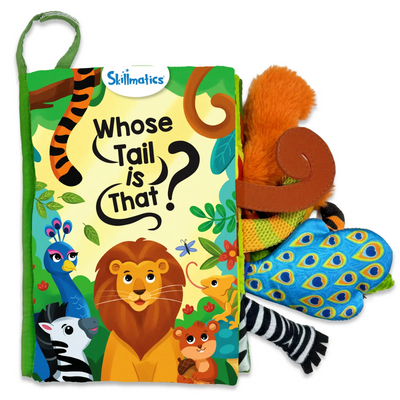 A vibrant, interactive cloth book titled 'Whose Tail is That?' with playful illustrations of a lion, zebra, peacock, and other animals on the cover. The book features various textured animal tails, with a colorful, soft fabric design. A monkey tail, zebra stripes, and other plush animal features are visible next to the book, offering a sensory experience for young children.