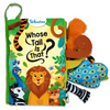 A vibrant, interactive cloth book titled 'Whose Tail is That?' with playful illustrations of a lion, zebra, peacock, and other animals on the cover. The book features various textured animal tails, with a colorful, soft fabric design. A monkey tail, zebra stripes, and other plush animal features are visible next to the book, offering a sensory experience for young children.