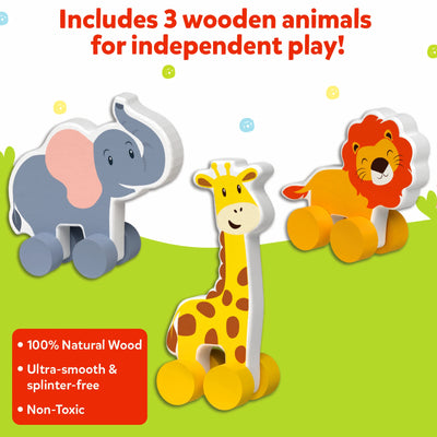 Wooden animal toys on wheels featuring an Elephant Giraffe and Lion for toddlers