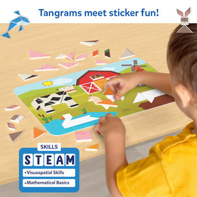 Child playing with farm-themed Tangram Twist puzzle set from Amazing Animals collection