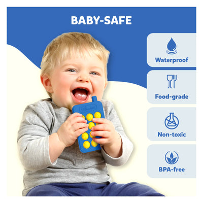 Baby holding blue and yellow pop-it toy phone from Tiny Tots Sensory Bundle, waterproof and non-toxic