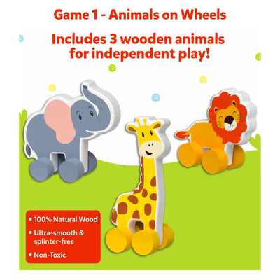 Wooden animal toys with wheels from the Pop Roll & Play Bundle for ages 9-36 months