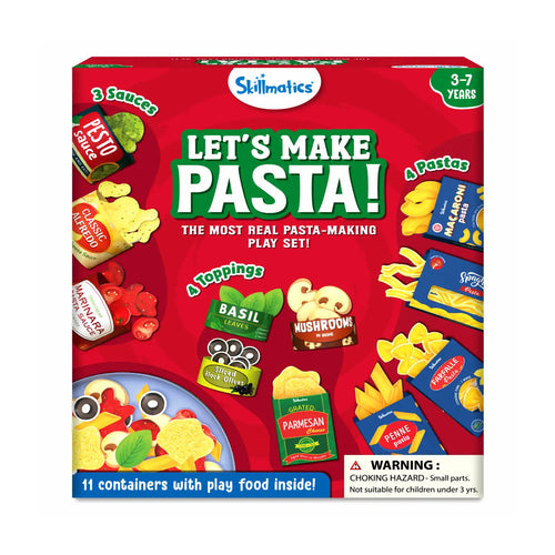 Red toy box for Lets Make Pasta play set with play food items for ages 3-7