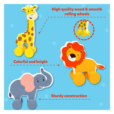 Wooden animal push toys with smooth rolling wheels from the Pop Roll & Play Bundle