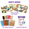 Contents of the Skillmatics Fab Tabs craft kit showing five large picture cards with room scenes, more than 75 fabric texture pieces in assorted colors and patterns, and an instruction manual. The image presents all components used to create tactile, peel-and-stick sensory fabric artwork.