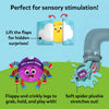 Illustrated graphic demonstrating sensory features of the Incy Wincy Spider cloth book. A lift-the-flap cloud reveals a smiling sun, with arrows indicating flap movement. Below, a plush spider with floppy, crinkly legs sits on grass, and another shows the spider stretching out of a water spout. Labels point to interactive elements, emphasizing touch, movement, and sensory stimulation through soft textures and playful motion.