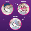 Three circular images show the Foil Fun crafting steps on a purple background with stars. The first shows a child peeling the adhesive sections on a carriage magnet. The second shows pressing a bright pink foil sheet onto the sticky areas. The third shows peeling away the foil to reveal shiny colored details. Arrows link the steps labeled “Peel,” “Press,” and “Wow!” demonstrating the transfer-foil process.