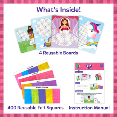 What's Inside graphic for Skillmatics Felt Fun showing 4 illustrated picture boards: fairy, hot air balloon, princess, and unicorn. Below are 4 labeled felt color sheets for each design and a pink instruction manual. Text labels read 400 Reusable Felt Squares and Instruction Manual.