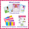 What's Inside graphic for Skillmatics Felt Fun showing 4 illustrated picture boards: fairy, hot air balloon, princess, and unicorn. Below are 4 labeled felt color sheets for each design and a pink instruction manual. Text labels read 400 Reusable Felt Squares and Instruction Manual.