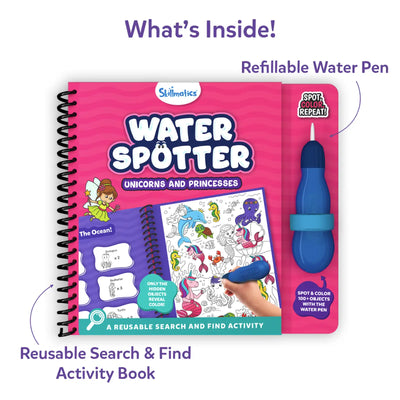 What’s inside view of the Skillmatics Water Spotter Unicorns and Princesses set, showing a spiral-bound reusable search and find activity book alongside a refillable blue water pen. Arrows and labels point to each component, emphasizing mess-free coloring, reusable pages, and the ability to reveal hidden objects with water for repeated educational play.