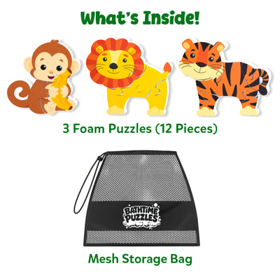 Contents of the Skillmatics Bathtime Puzzles set displayed on a white background, featuring three foam animal puzzles—a monkey, lion, and tiger—made up of 12 total pieces, along with a black mesh storage bag. The image clearly showcases every included component for easy product identification.